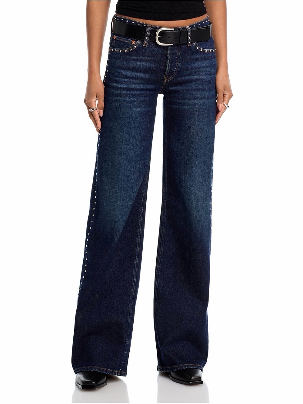 RE/DONE Studded Mid Rise Wide Leg Jeans in Barely Worn Stud Size 26